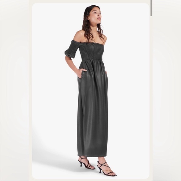 Staud Dress Black Mae Vegan Leather Maxi Smocked Off-The-Shoulder XS - Picture 1 of 12
